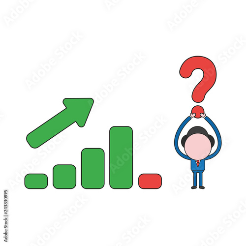 Fototapeta Naklejka Na Ścianę i Meble -  Vector businessman character holding up question mark with sales bar graph moving up and down. Color and black outlines.