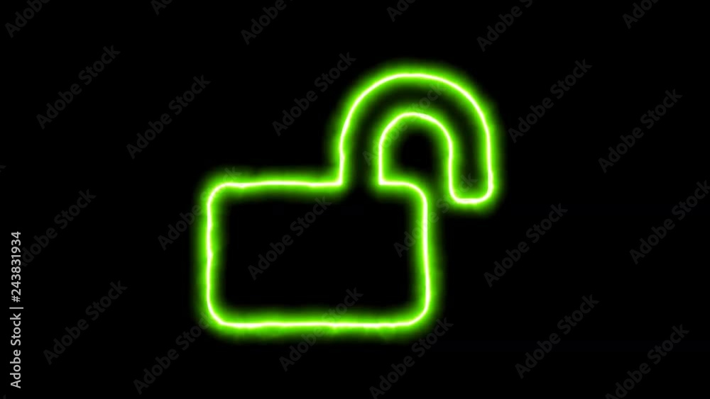 The appearance of the green neon symbol lock open. Flicker, In - Out. Alpha channel Premultiplied - Matted with color black The appearance of the green neon symbol lock open. Flicker, In - Out. Alpha channel Premultiplied - Matted with color black