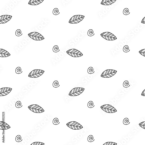 Seamless pattern with leaves. Black and white vector illustration. Print background