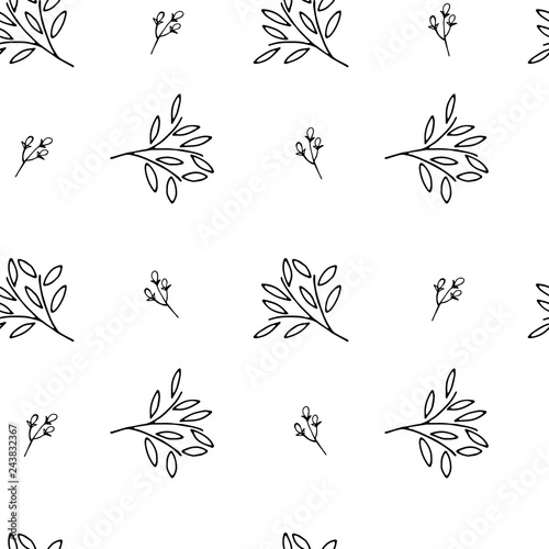 Seamless pattern with leaves. Black and white vector illustration. Print background