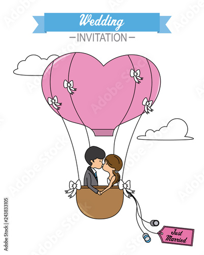 wedding card. Newlyweds kissing inside a hot air balloon
