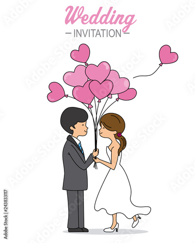 wedding card. newlyweds with heart-shaped balloons