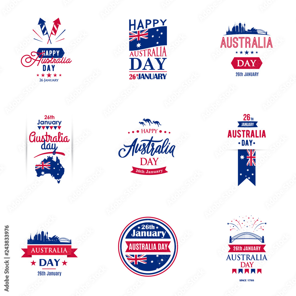 Happy Australia Day typography design collection for banners, greeting cards, gifts etc. 26th of January.  Vector templates set.