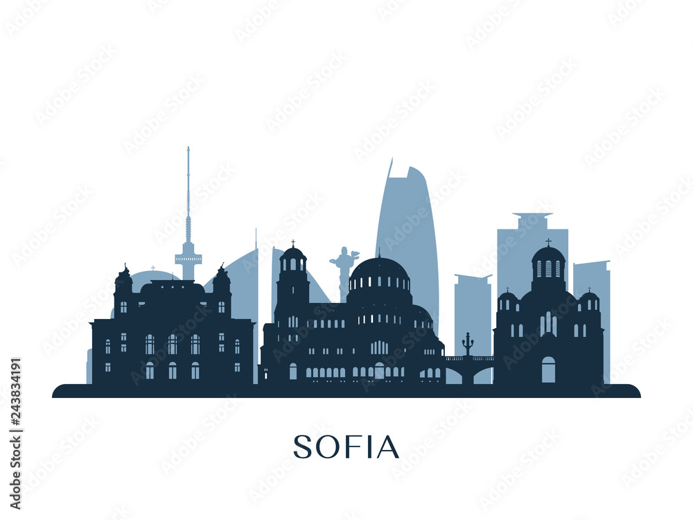 Sofia skyline, monochrome silhouette. Vector illustration. - obrazy, fototapety, plakaty 