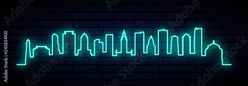 Blue neon skyline of Miami city. Bright Miami long banner. Vector illustration.
