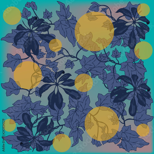 Wallpaper in exotic colors. Leaves of tropical plants and sun glare against the color of the twilight sky