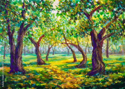 Forest sunny landscape - way road in summer spring forest - oil painting on canvas modern impressionism