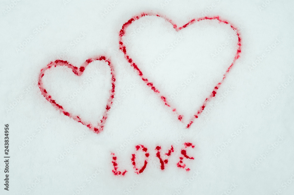 I love you. I love you Valentine's Day. Heart of snow painted in blood on Valentine's Day background. Gifts, romance, red hearts on a white background. Valentine's Day concept. Flat bed.