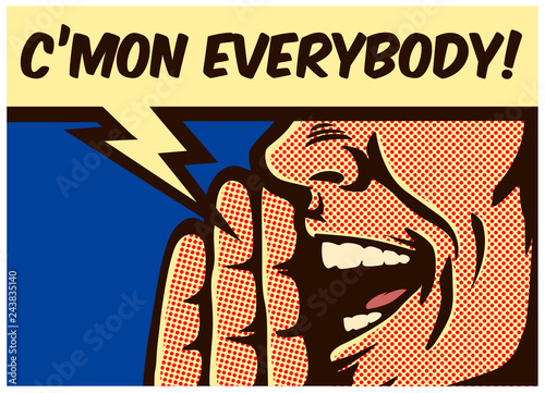 Pop Art style vintage comic book panel man calling and yelling out loud with speech bubble, call to action concept vector illustration