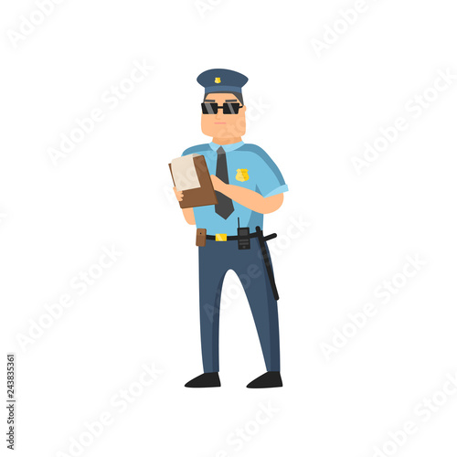 Policeman in blue uniform with a police badge in a cap and glasses performs his daily work protecting people.
