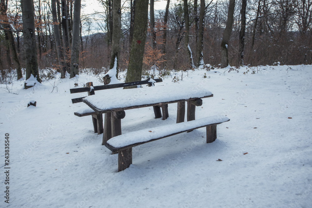 Wintertime, frozen park bench with table in park