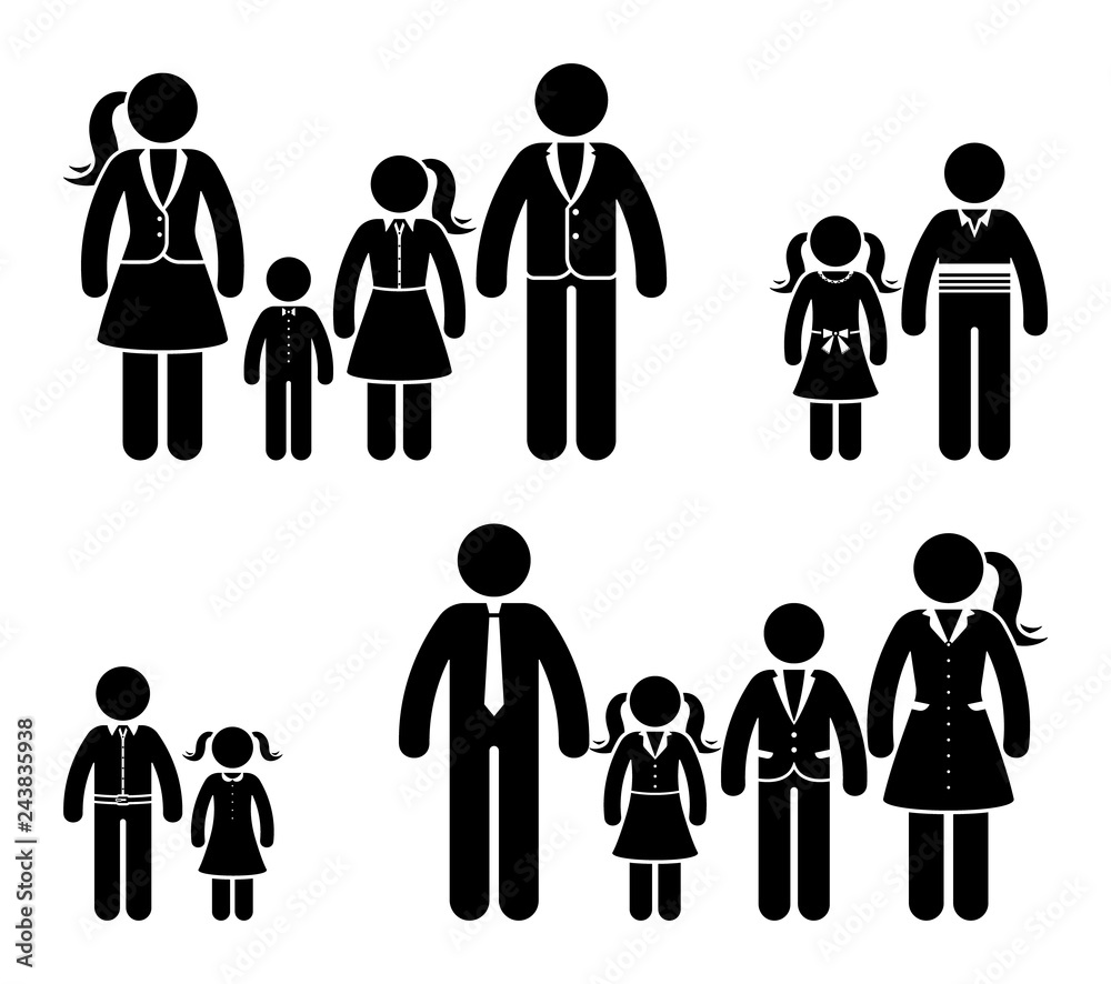 Stick figure father, mother, daughter and son icon. Big happy family pictogram Stick figure father, mother, daughter and son icon. Big happy family pictogram