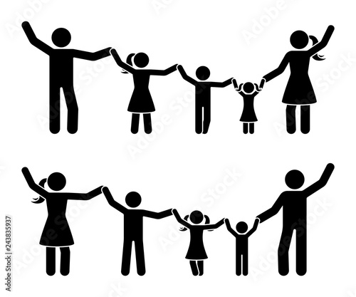 Stick figure hands up happy family icon set..Parents and children having fun together pictogram