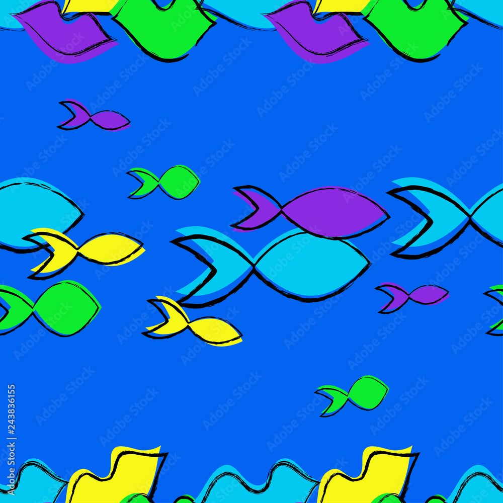Fototapeta premium Seamless vector background with lips and fish in pop art style. Cute cartoon. Can be used for wallpaper, textile, invitation card, wrapping, web page background.