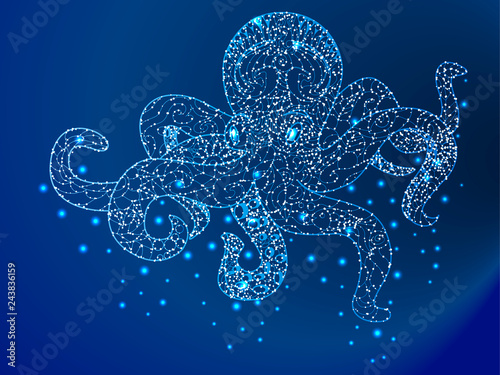 Octopus, cephalopod mollusk, marine animal. Abstract polygonal on a blue background with stars with destruction shapes
