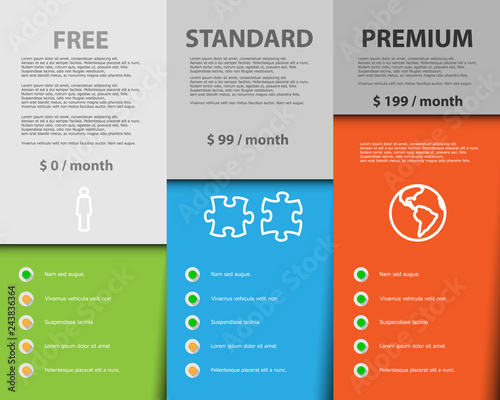 Offer of three price categories products and services. Vector illustration cards. - Vektor
