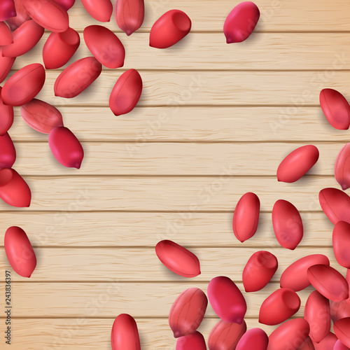 Arachis or peanuts background with red scattered nuts and beans
