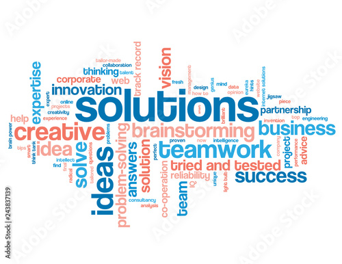 SOLUTIONS blue and coral word cloud photo