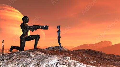 Fototapeta Naklejka Na Ścianę i Meble -  Illustration of a futuristic female soldier kneeling on a mountaintop pointing a weapon at a small alien on a red planet.