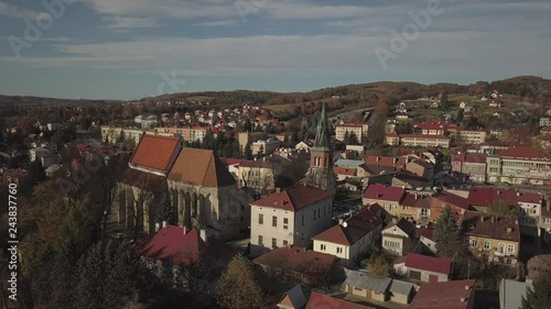 Strzyzow, Poland - 9 9 2018: Photograph of the old part of a small town from a bird's flight. Aerial photography by drone or quadrocopter. Advertise tourist places in Europe. Planning a medieval town. photo