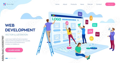 Web development. Project team of engineers for website create. Webpage building. UI UX design. Characters on a concept. Web agency. Template for programmer or designer. Vector illustration.