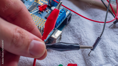 Alligator clips used in mirocontroller builds to temporarily connect components