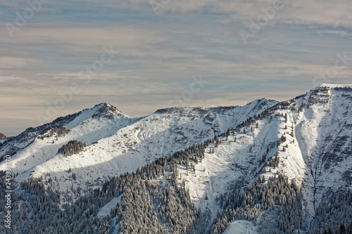 Views of snowy Schoener Mann massif from Schwarzenberg