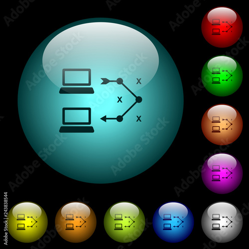 Traceroute remote computer icons in color illuminated glass buttons