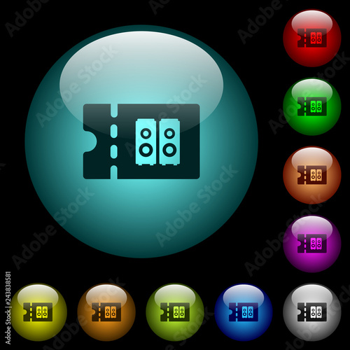 Hi-fi shop discount coupon icons in color illuminated glass buttons