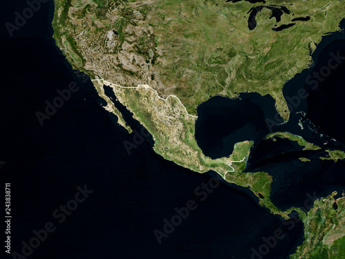 Fototapeta Naklejka Na Ścianę i Meble -  Satellite image of Mexico with borders (Isolated imagery of Mexico. Elements of this image furnished by NASA)