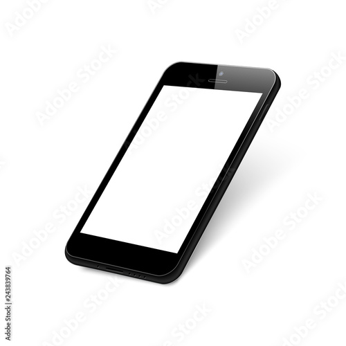 Black rotated smartphone on white background. Mock up phone with blank screen