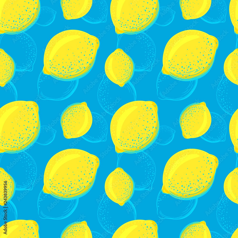Lemon seamless pattern. Colorful sketch lemons. Citrus fruit background. Elements for menu, greeting cards, wrapping paper, cosmetics packaging, posters etc Lemon seamless pattern. Colorful sketch lemons. Citrus fruit background. Elements for menu, greeting cards, wrapping paper, cosmetics packaging, posters etc