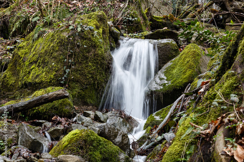 Krasnaya Polyana  Sochi  Russia. Green moss on large rocks and a stream of water in the unnamed waterfall. Beautiful nature of spring forest in the mountains