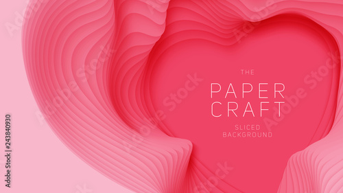 Vector 3D abstract background with pink paper cut heart shape. Light red carving art. Paper craft heart for Valentine's Day. Minimalistic design for love cards, posters etc.