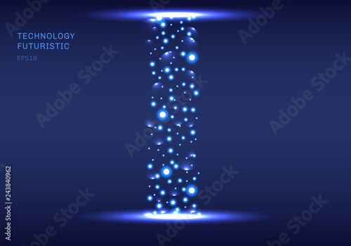 Abstract futuristic technology tunnel with particels elements sparks on drak blue background.
