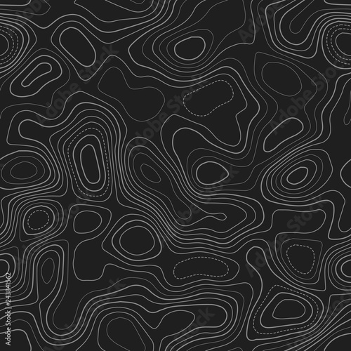 Amazing topography. Actual topography map. Dark seamless design, fascinating tileable isolines pattern. Vector illustration.