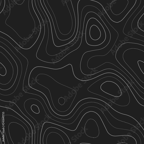 Topographic contours. Admirable topography map. Dark seamless design, energetic tileable isolines pattern. Vector illustration.