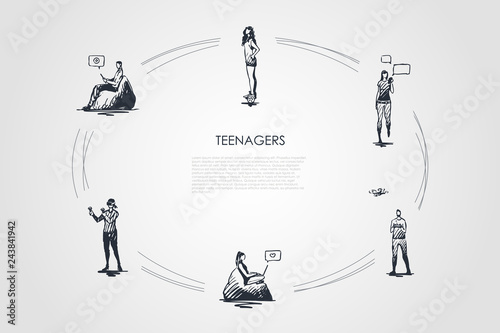 Teenagers - girls and boys playing with modern devices, communicating and riding segway vector concept set