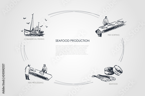 Seafood production - commercial fishing, fish sorting, seafood, fish processing vector concept set