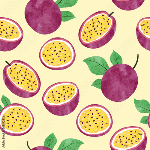 Seamless watercolor passion fruit pattern. Vector fruit background.