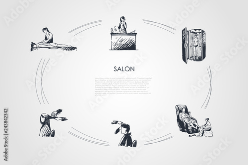 Salon - massage of back and foot, hairdressing, solarium and salon reception vector concept set