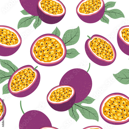 Seamless passion fruit pattern. Vector fruit background.