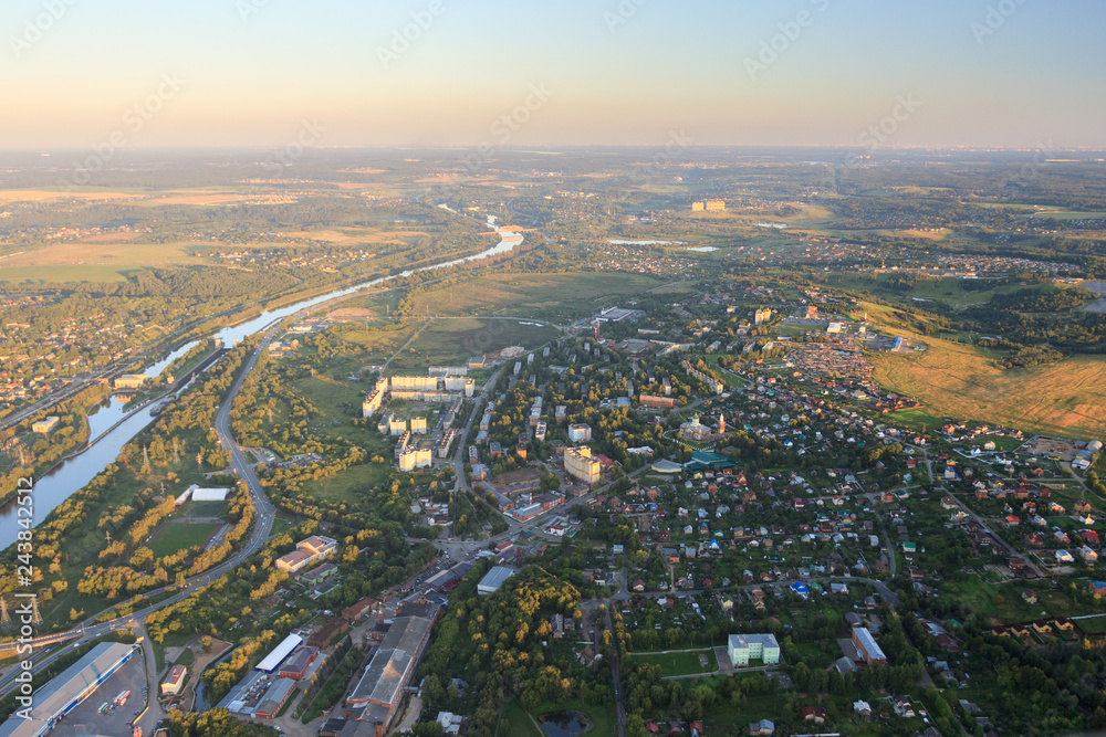 Dmitrovsky District, Moscow Region, Russia. Balloon flight over the city and the river