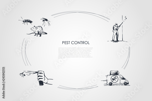 Pest control - mouse, spray and special worker struggling with pest vector concept set