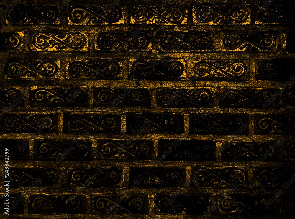 Arrangement of beautiful shiny black golden brick wall high contrast background, dark yellow gold foil texture background, square brick wall decorated with golden high light painting,