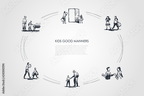 Kids good manners - boy helping girl to carry bag, giving piece of food, helping old people to walk, sit and carry bags vector concept set