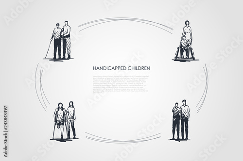 Handicapped children - blind and disabled children without leg or hand vector concept set