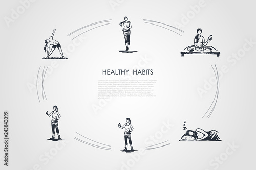 Healthy habits - running, eating healthy food, good sleeping, doing fitness and exercises vector concept set