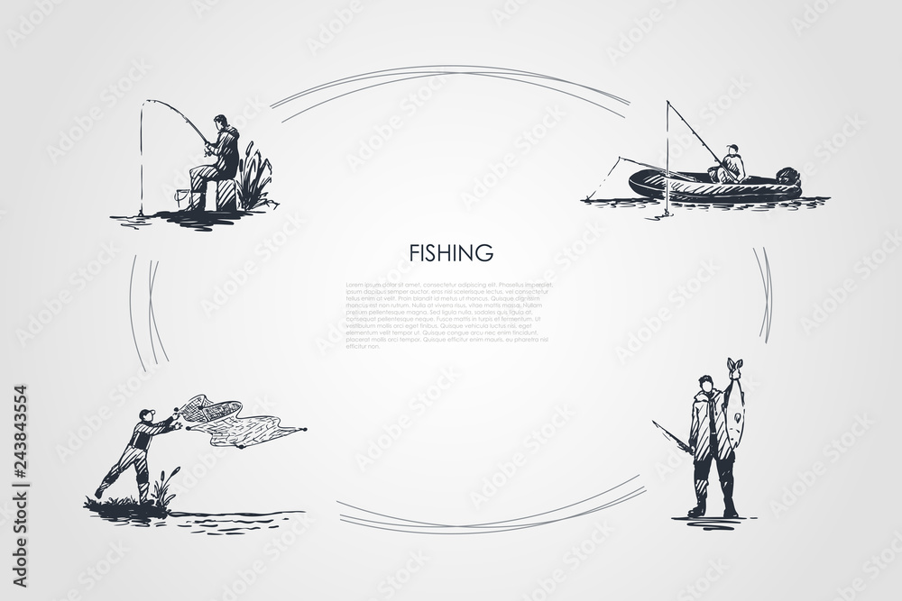 Fishing - fisherman casting net, fishing rod, catching fish, sitting on boat vector concept set - obrazy, fototapety, plakaty 
