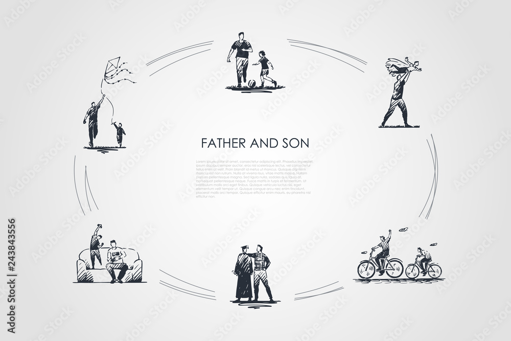 Father and son - father and son playing football, riding bicycles, kiting, playing on nature and at home vector concept set Father and son - father and son playing football, riding bicycles, kiting, playing on nature and at home vector concept set